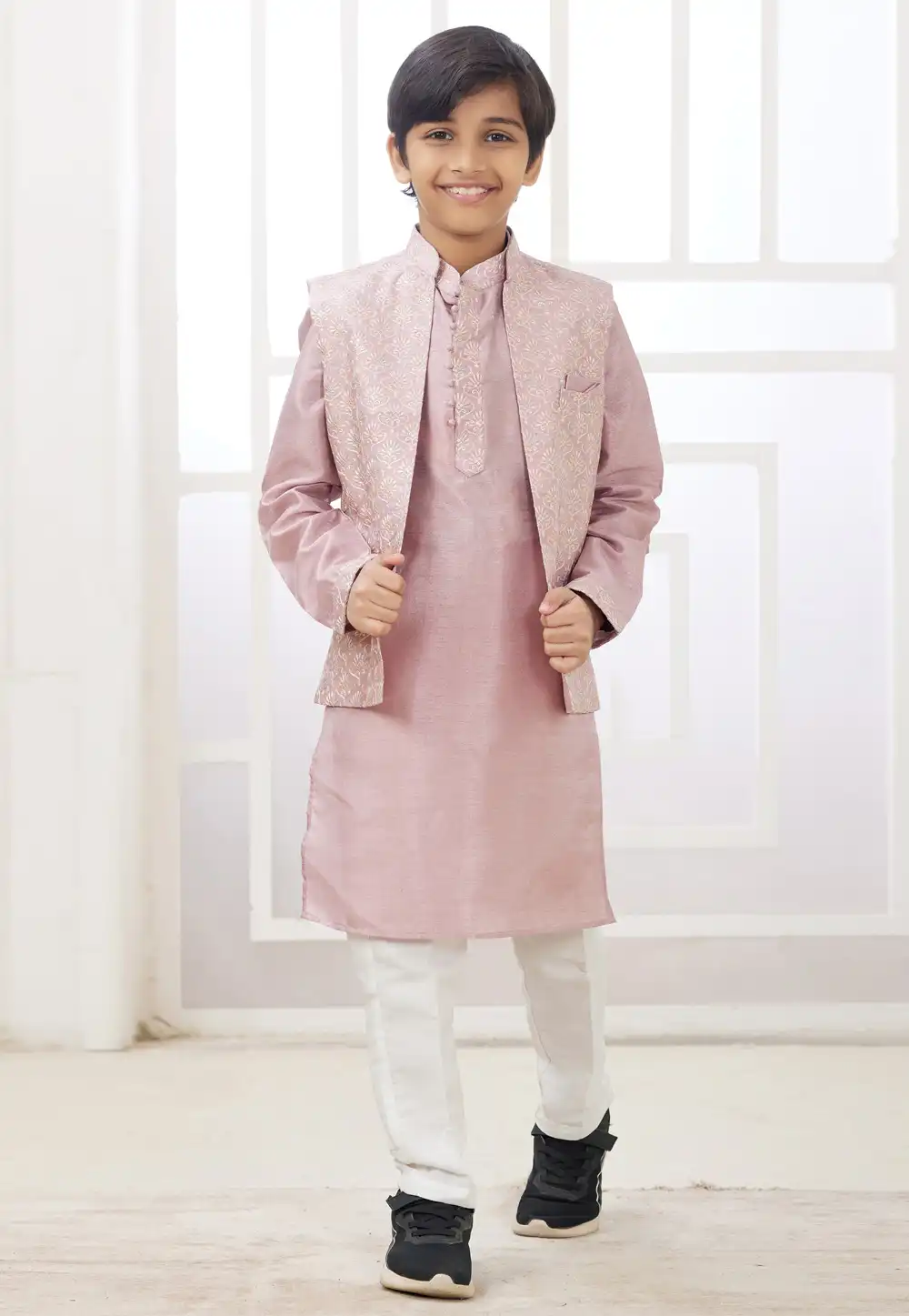 Pink Art Silk Kids Kurta Pajama With Jacket 308577