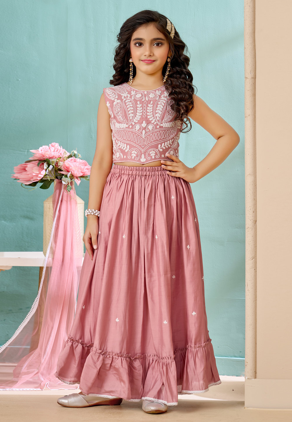 Pink Art Silk Kids Lehenga Choli 325182