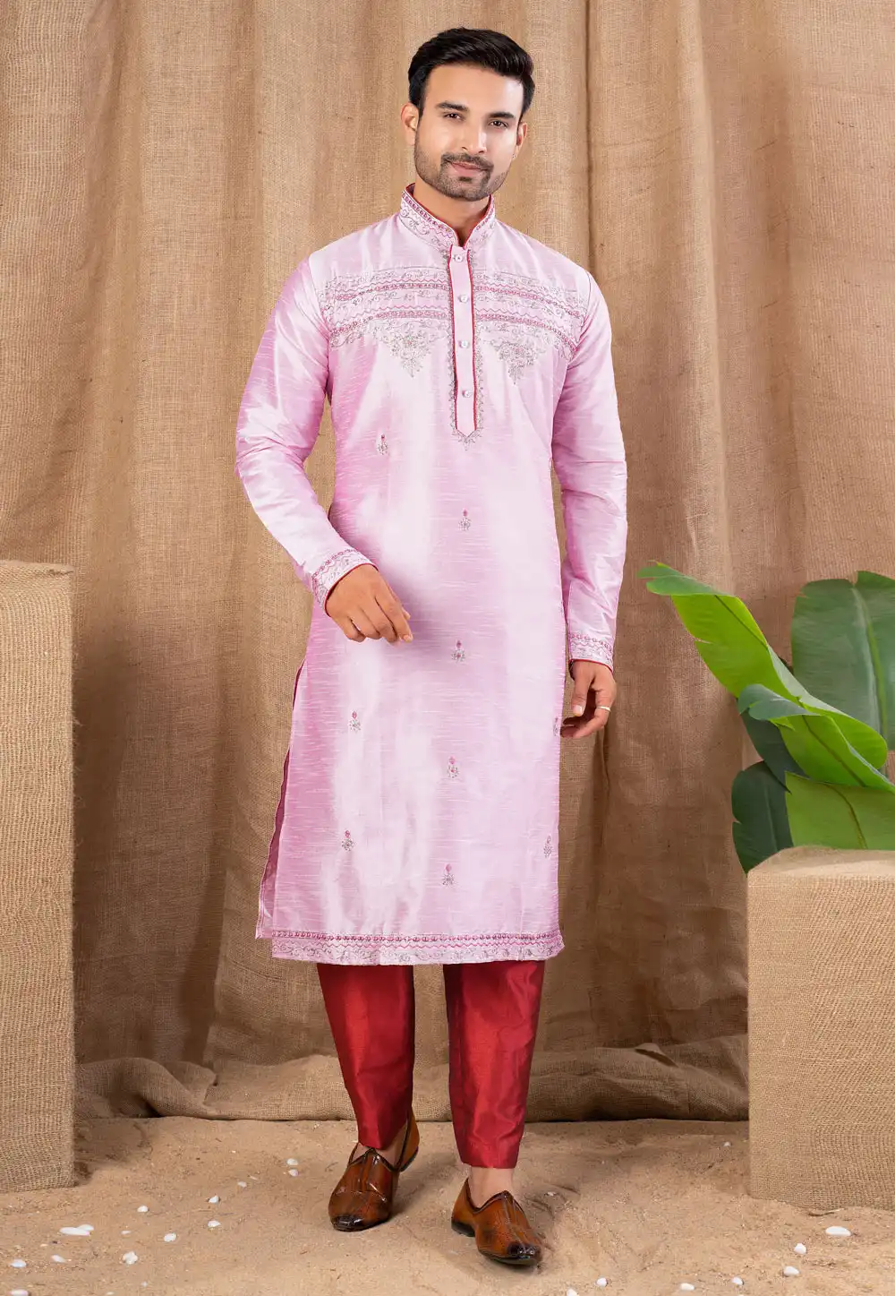 Pink Art Silk Kurta Pajama 316438