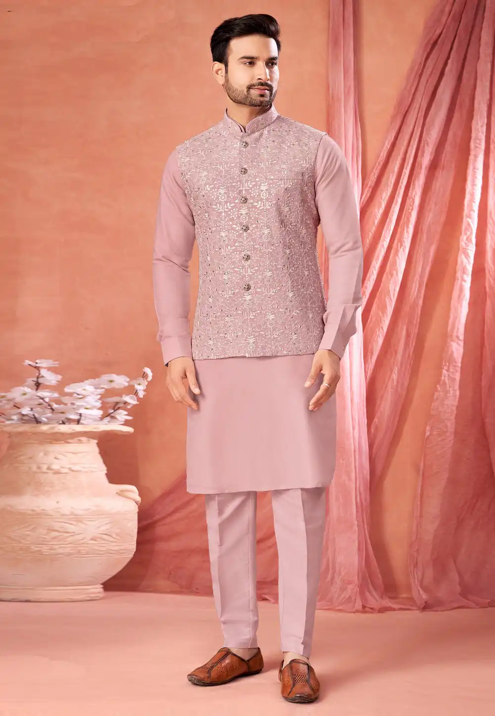 Pink Art Silk Kurta Pajama With Jacket 322299