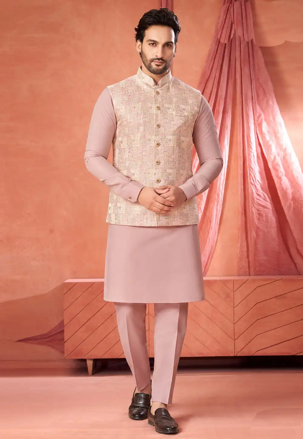 Pink Art Silk Kurta Pajama With Jacket 322334