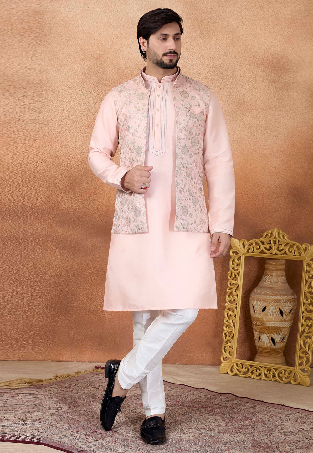 Pink Art Silk Kurta Pajama With Jacket 323380