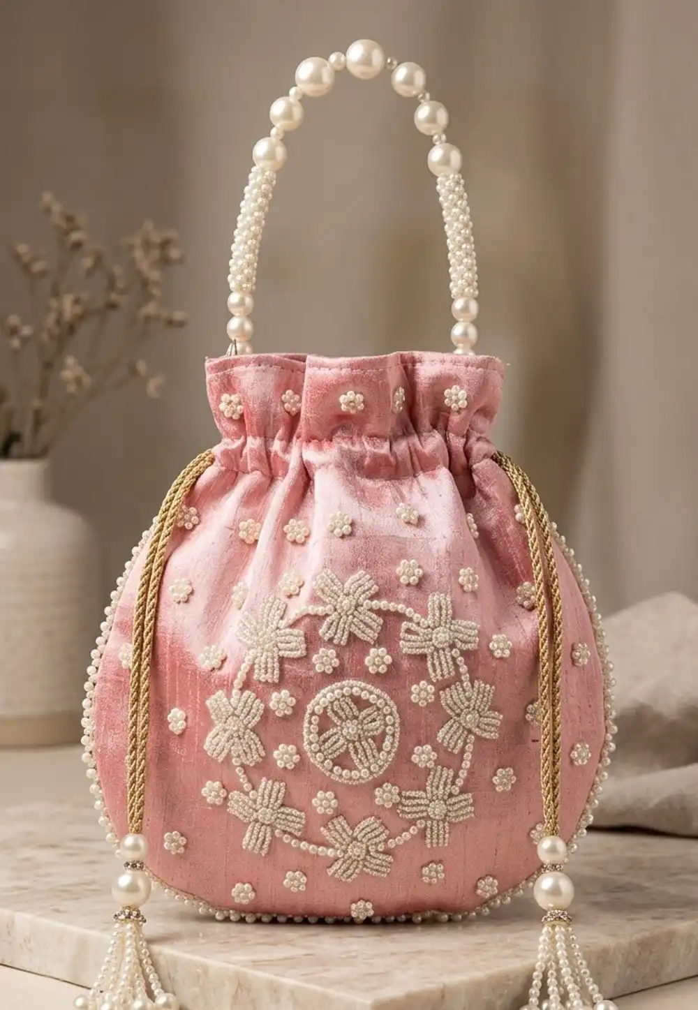Pink Art Silk Potli Bags 329299
