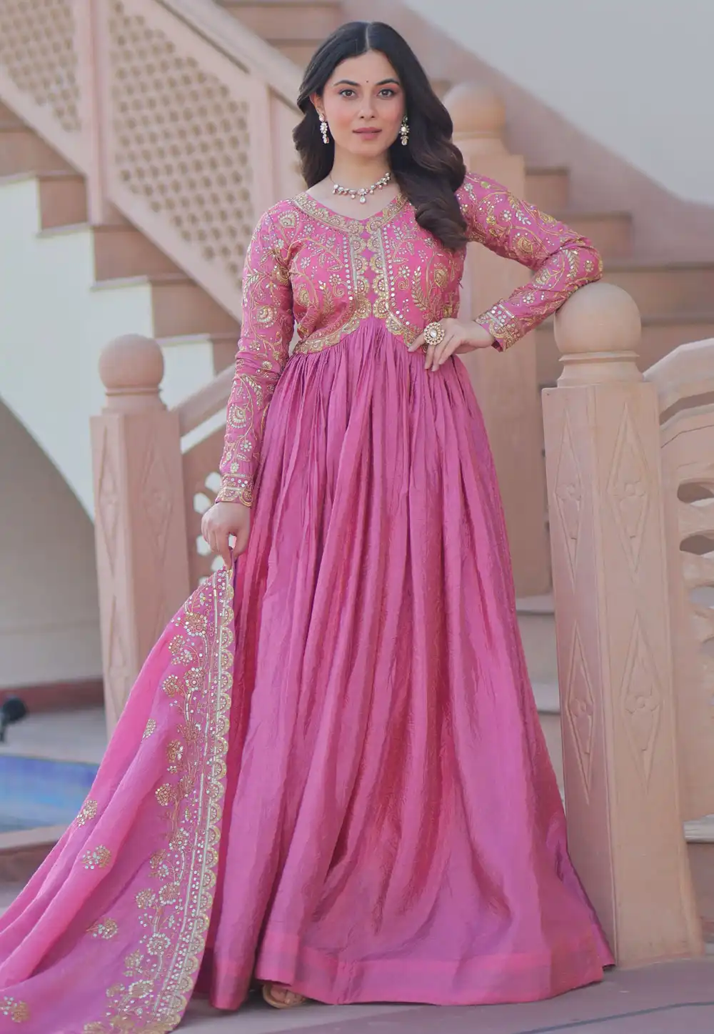 Pink Art Silk Readymade Long Anarkali Suit 313507