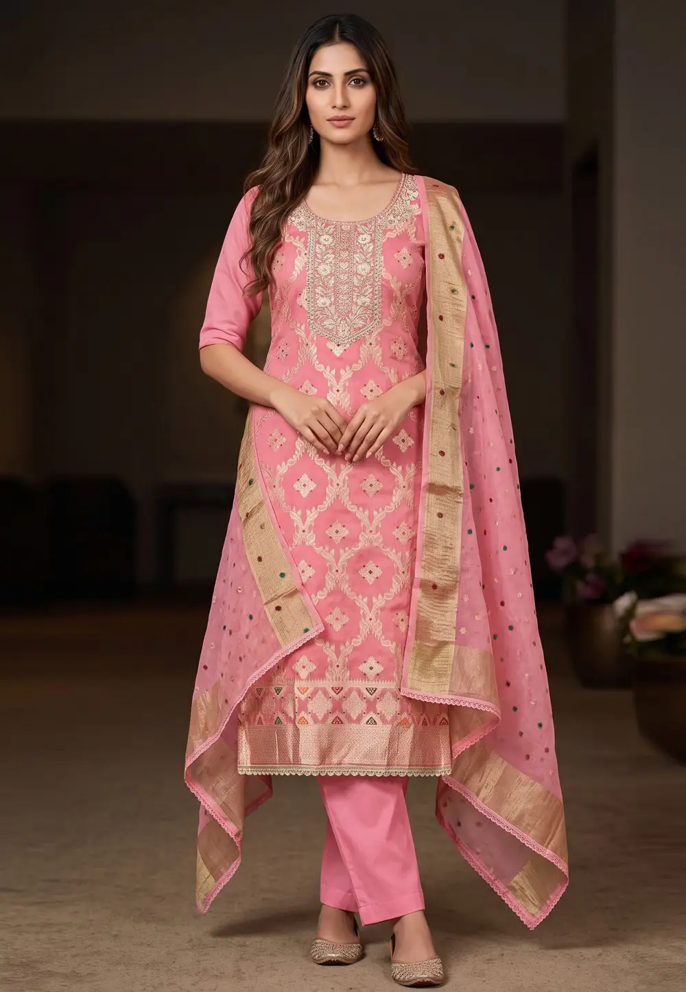 Pink Banarasi Cotton Pant Style Suit 335479