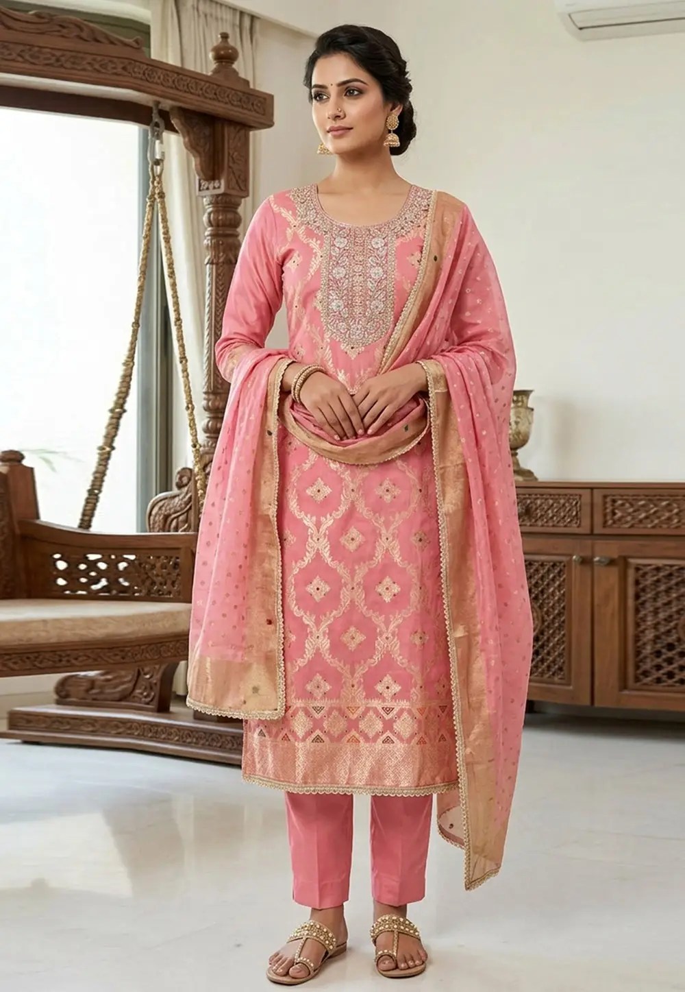 Pink Banarasi Cotton Straight Suit 335363