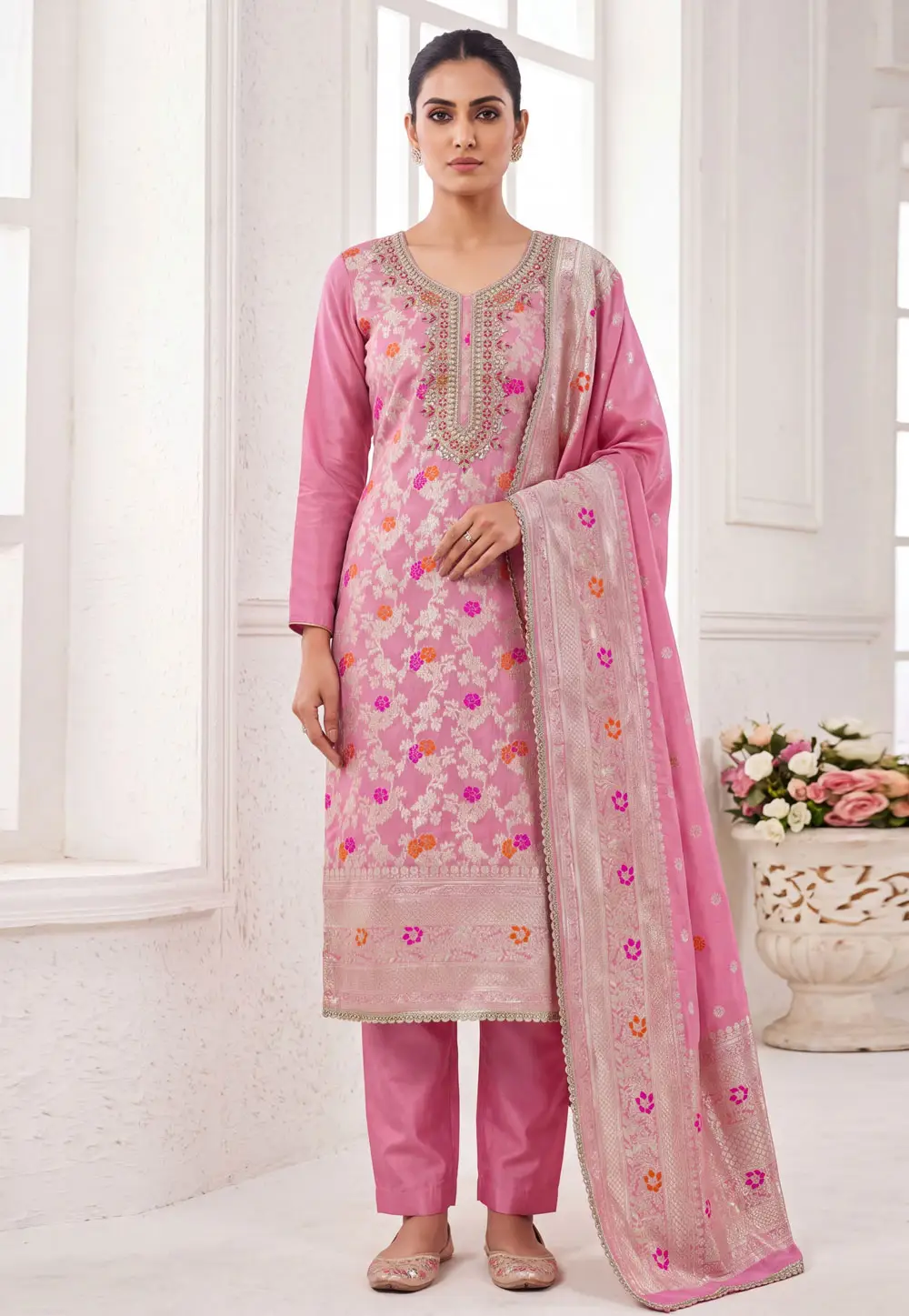 Pink Banarasi Cotton Straight Suit 335545