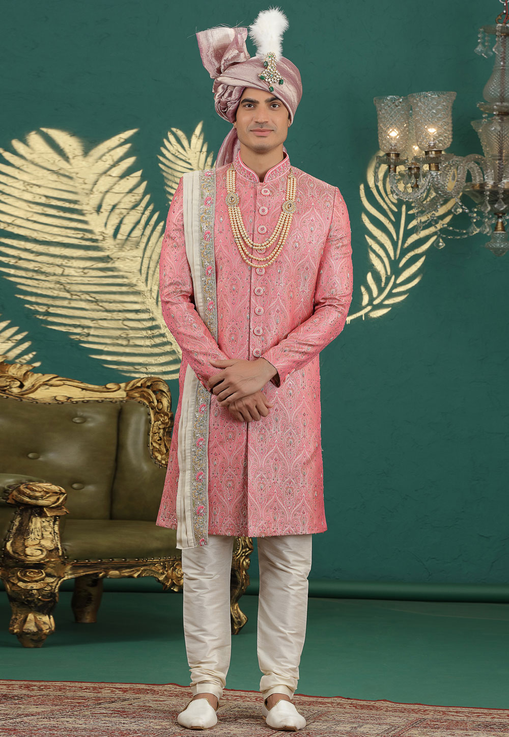 Pink Banarasi Jacquard Achkan Style Sherwani With Dupatta 319011