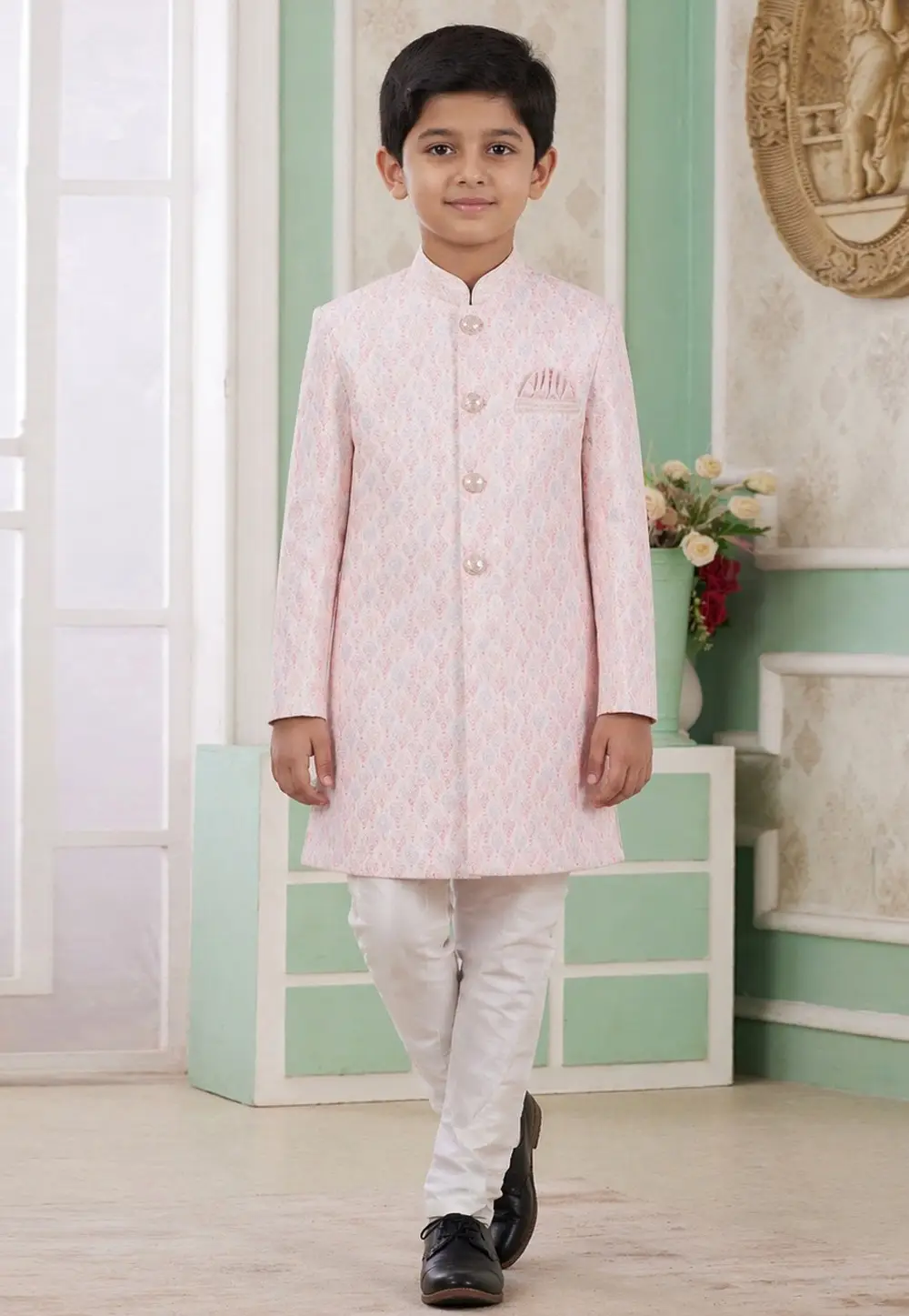 Pink Banarasi Jacquard Boys Indo Western Suit 335789