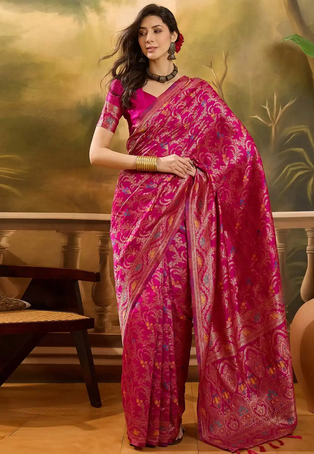 Pink Banarasi Jacquard Saree 316773