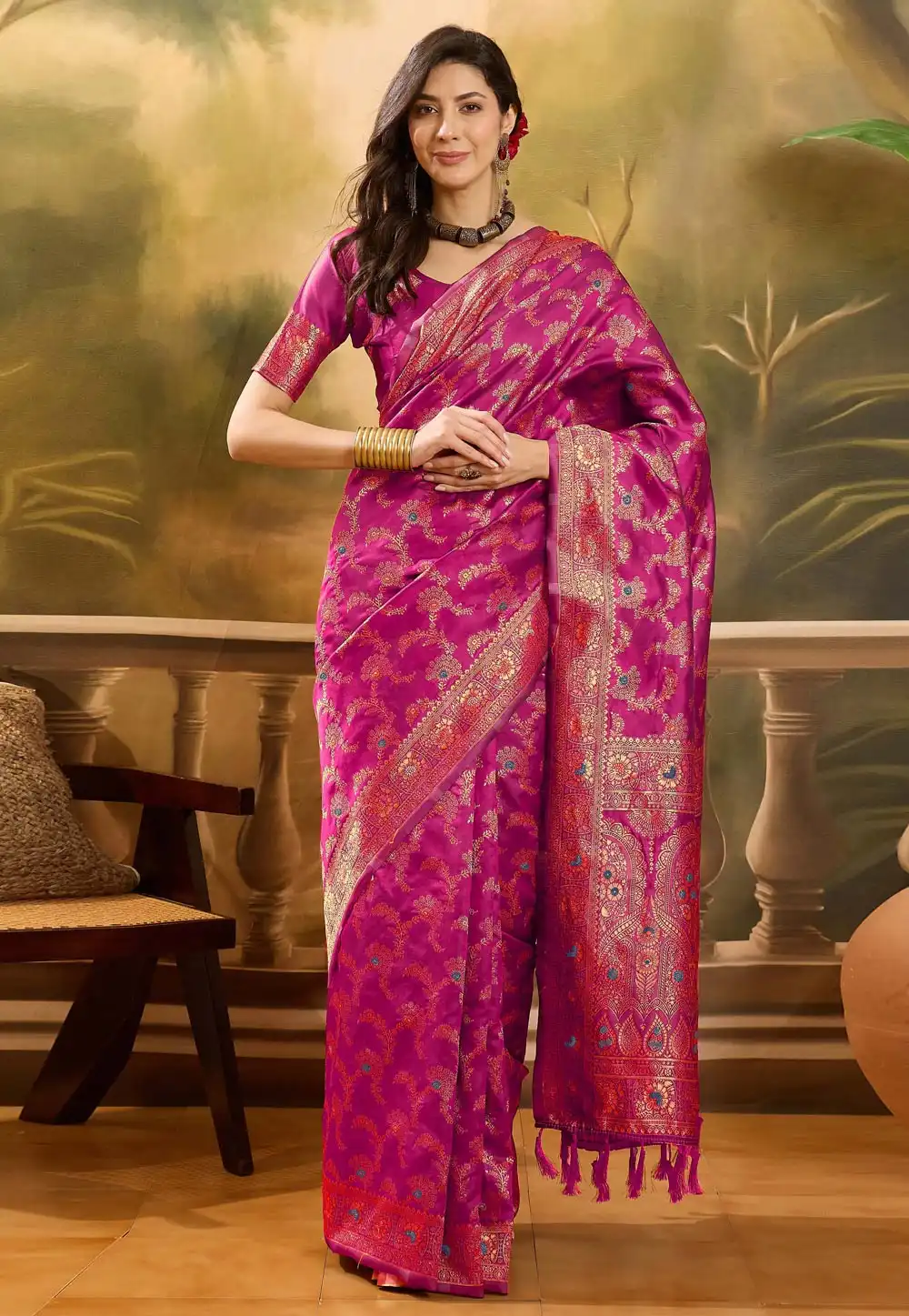 Pink Banarasi Jacquard Saree With Blouse 316782