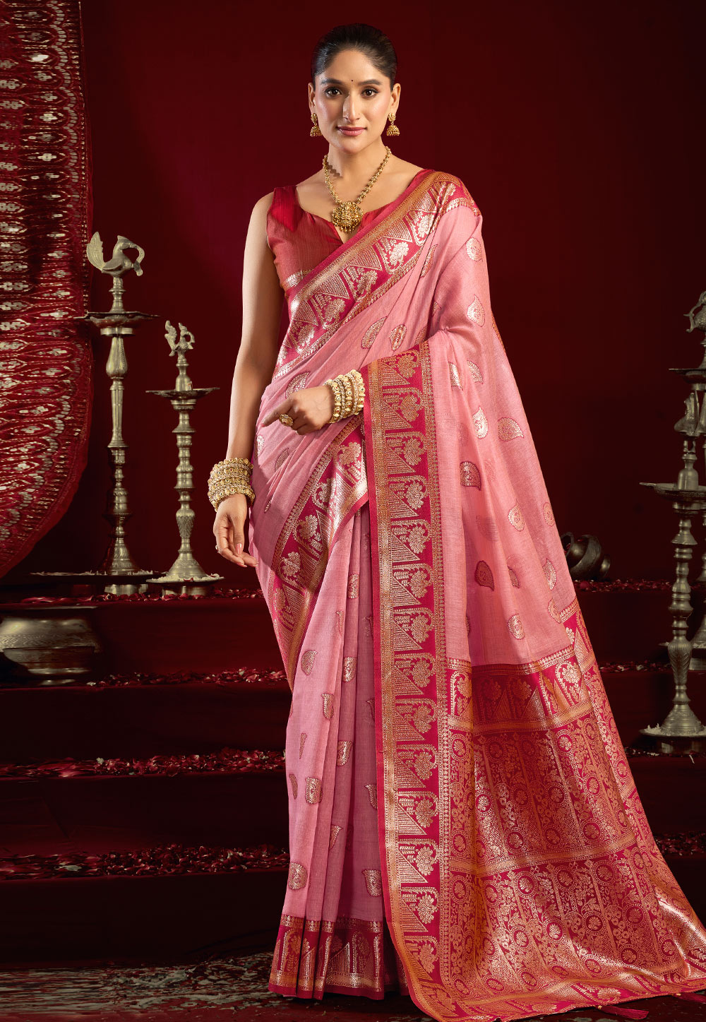 Pink Banarasi Saree With Blouse 320630