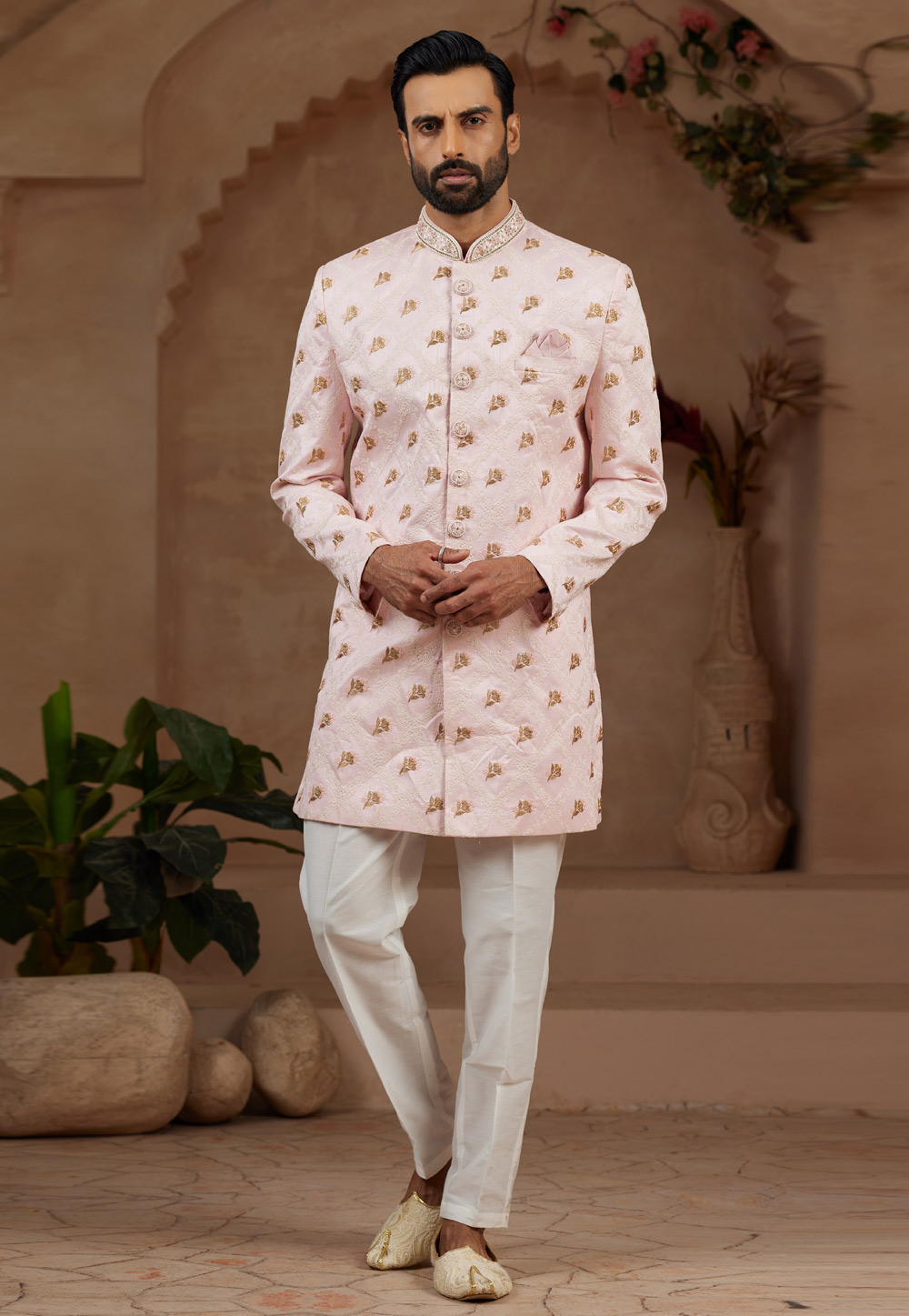 Pink Banarasi Silk Indo Western Sherwani 306704