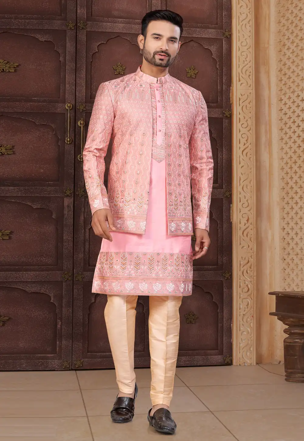 Pink Banarasi Silk Indo Western Suit 322884