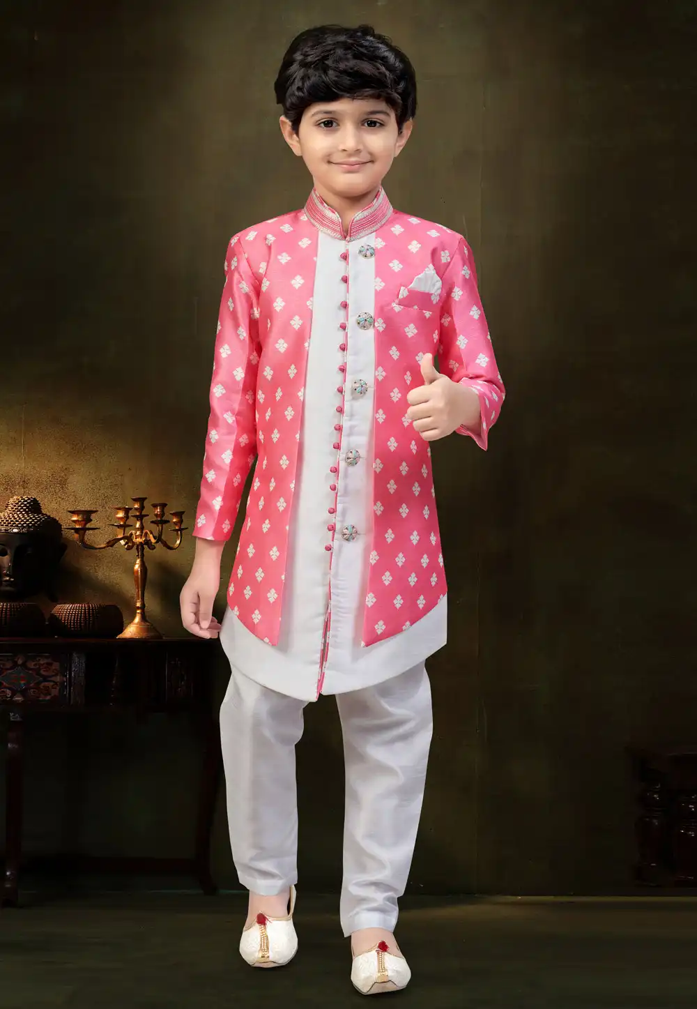 Pink Banarasi Silk Kids Indo Western Suit 324264