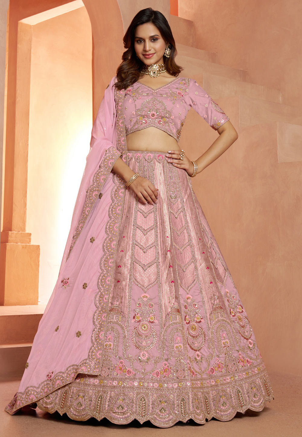 Pink Banarasi Silk Lehenga Choli For Wedding 329390