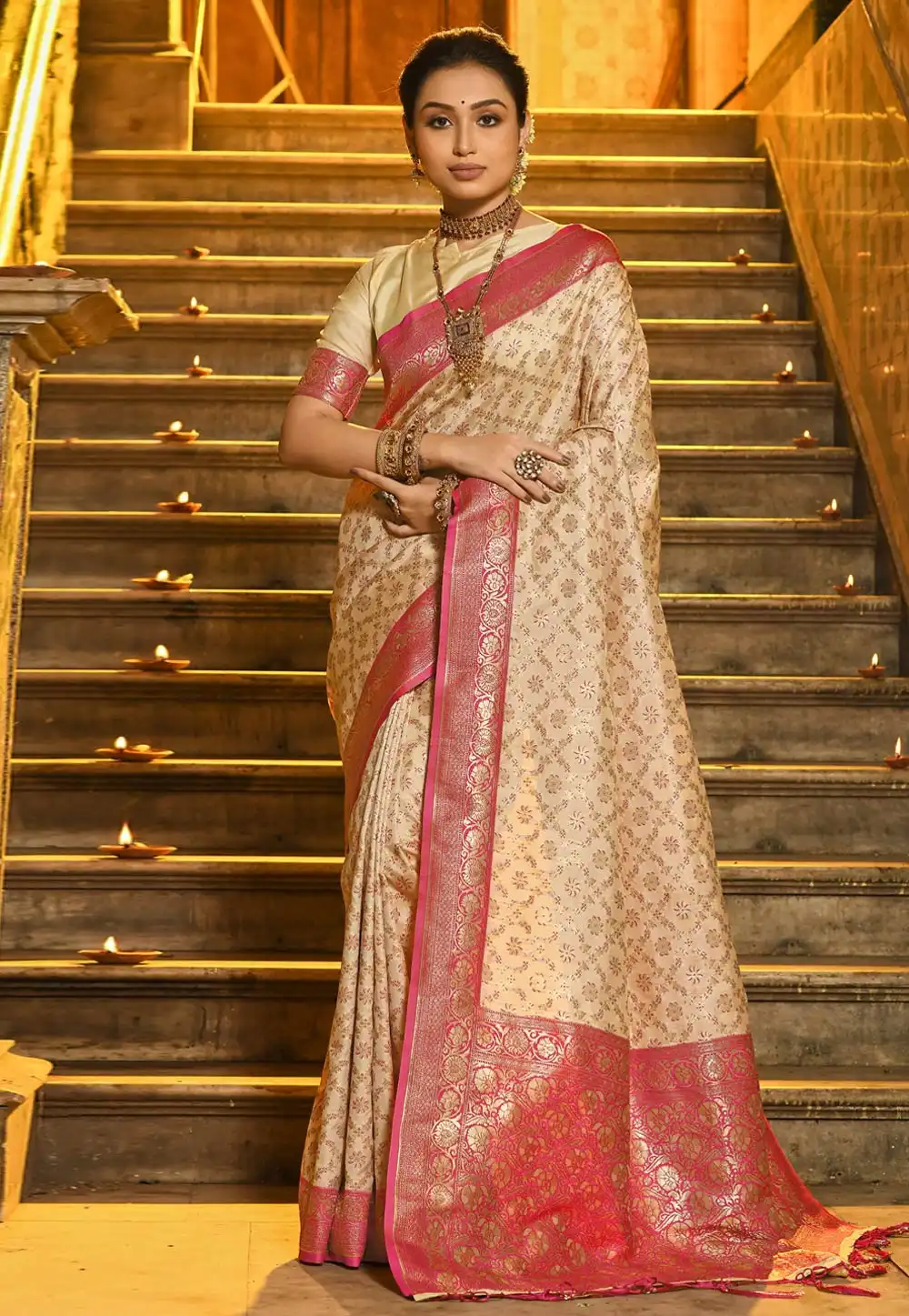 Cream Banarasi Silk Saree 311377