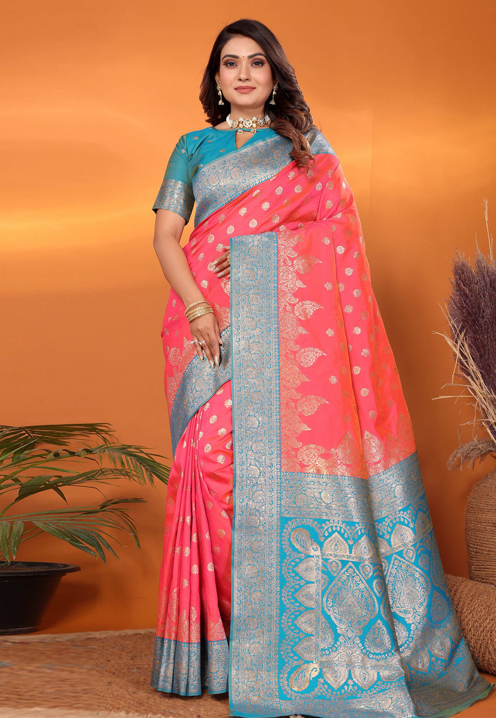 Pink Banarasi Silk Saree With Blouse 321037