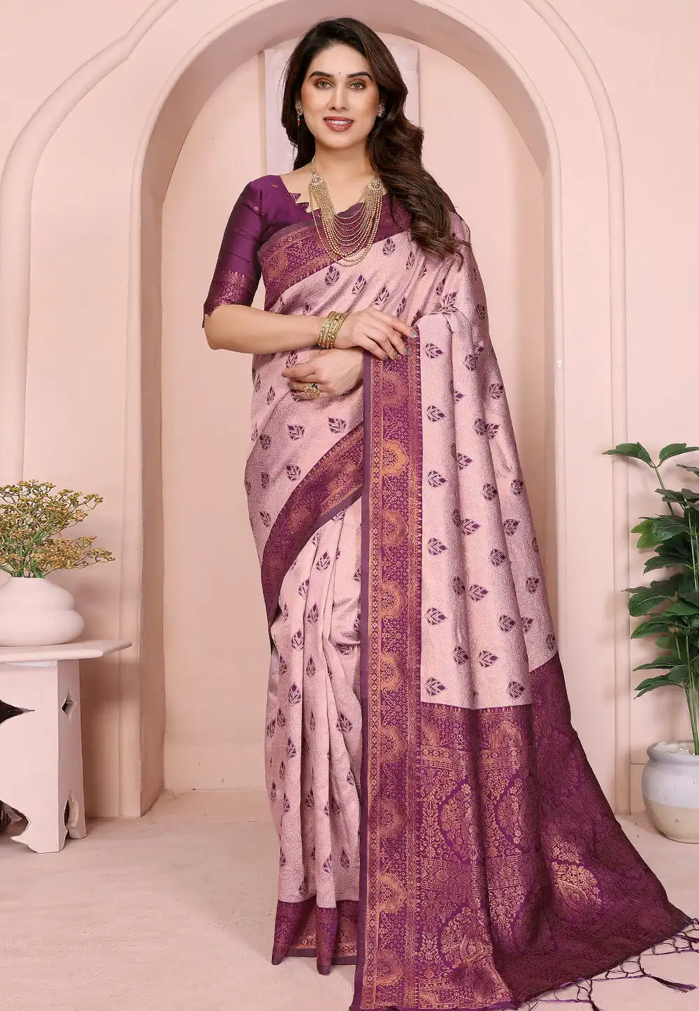 Pink Banarasi Silk Saree With Blouse 314433