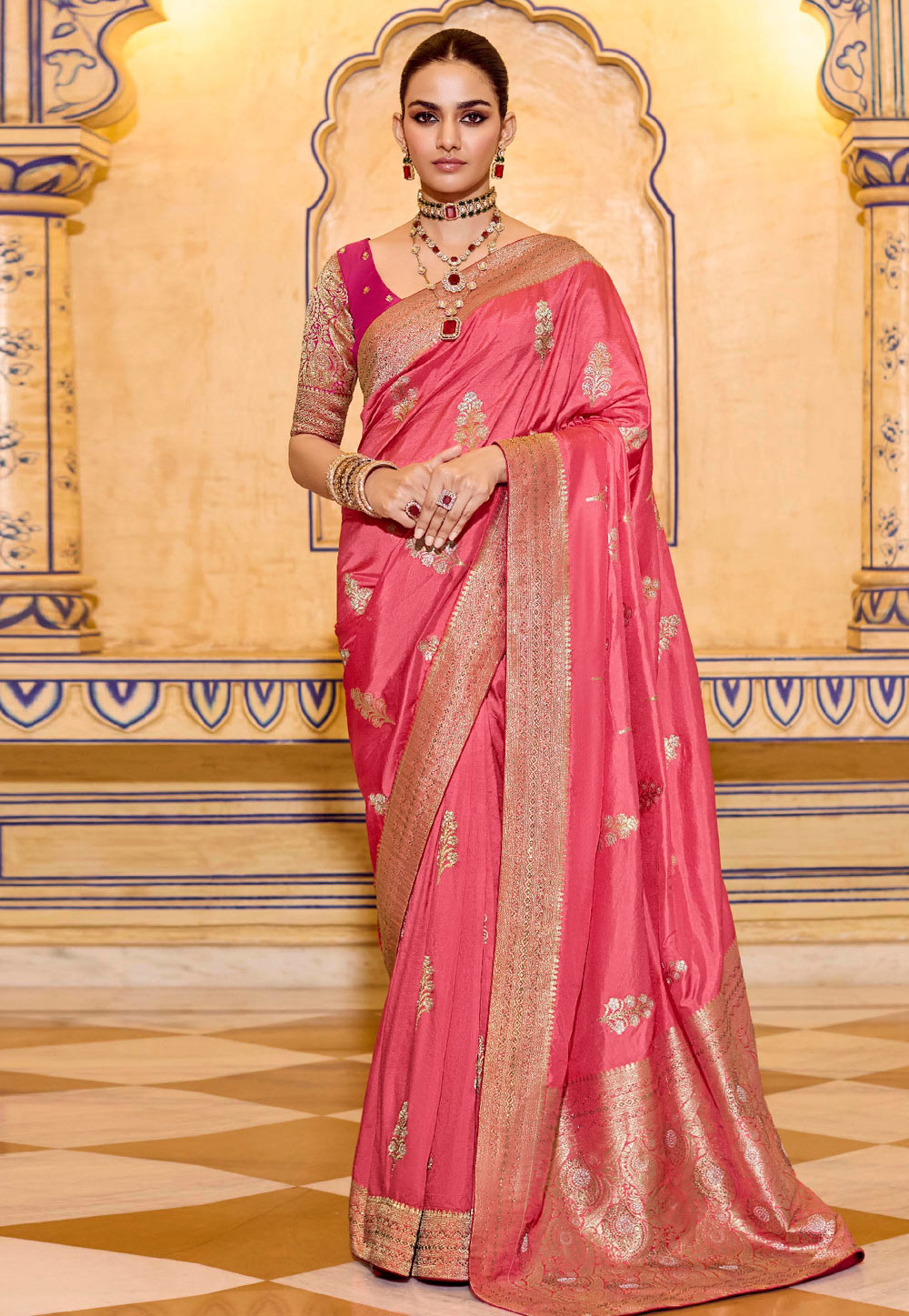 Pink Banarasi Silk Saree With Blouse 320151