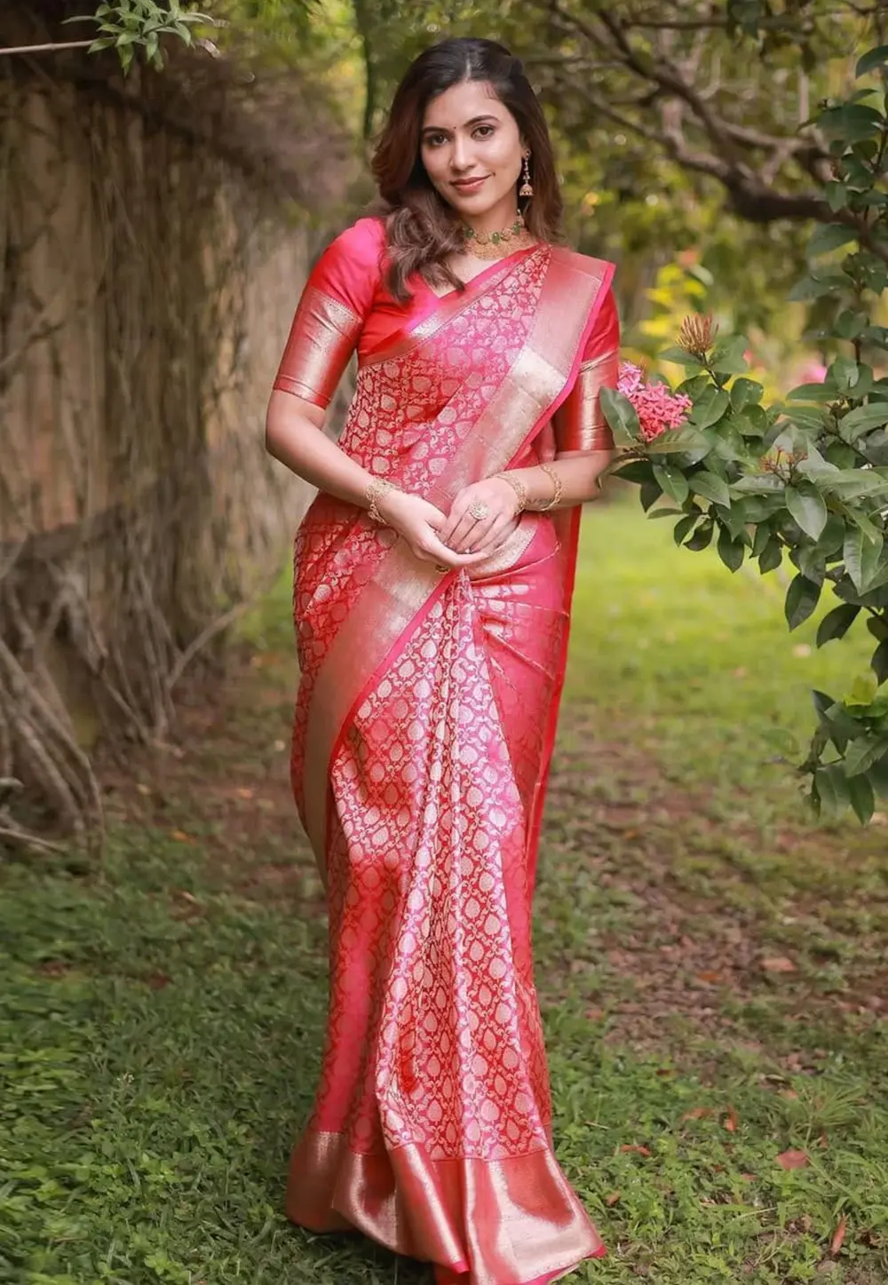 Pink Banarasi Silk Saree With Blouse 303460