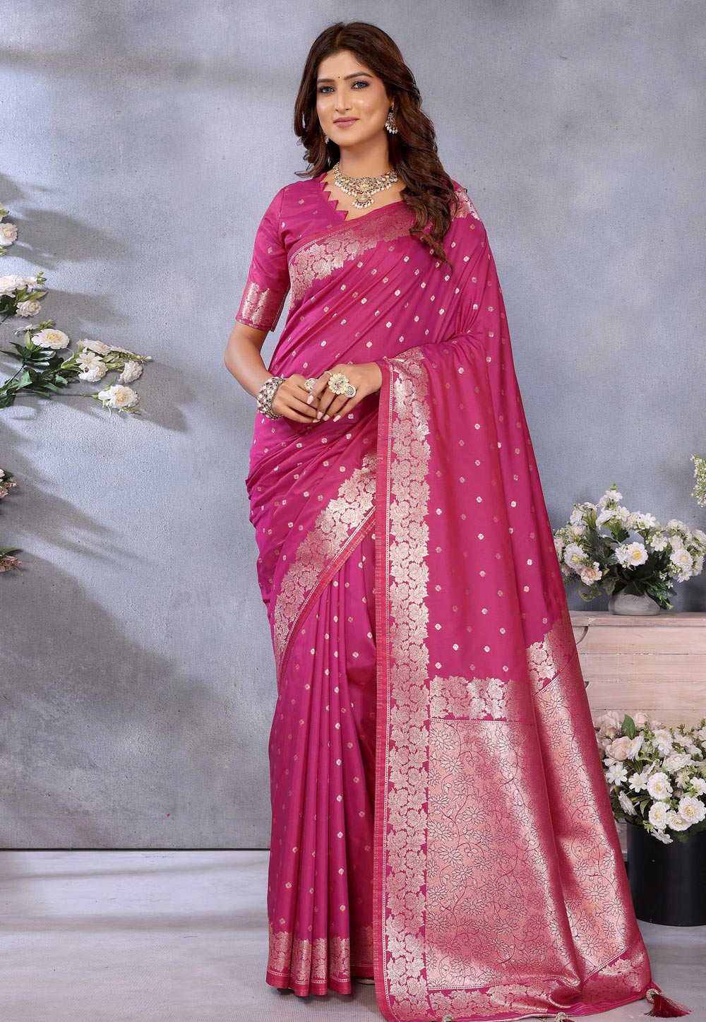 Pink Banarasi Silk Saree With Blouse 311616