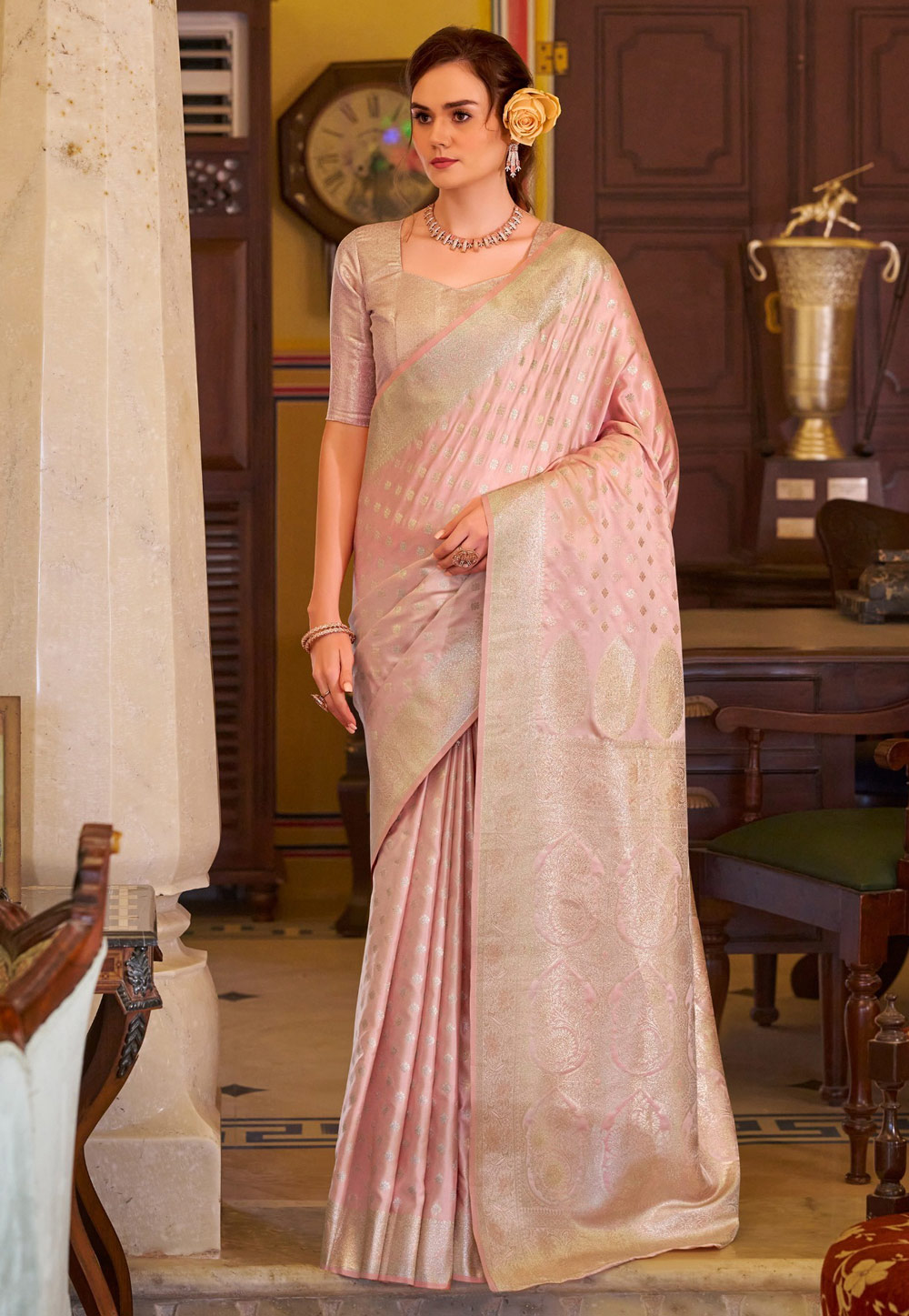 Pink Banarasi Silk Saree With Blouse 318344