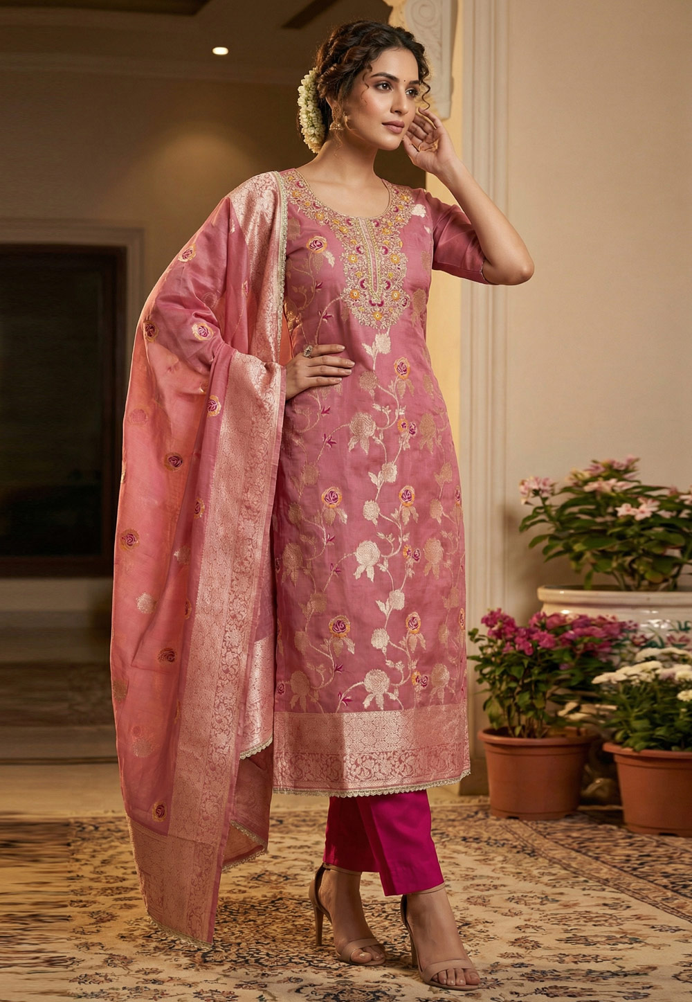 Pink Banarasi Straight Suit 327439