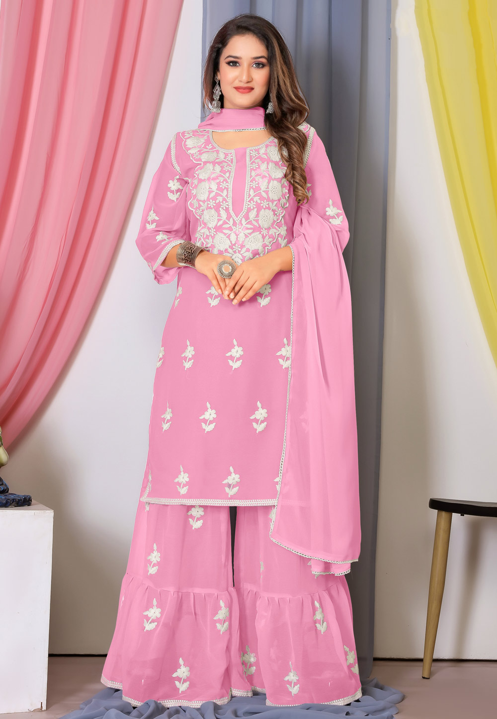 Pink Bemberg Georgette Sharara Suit 287570