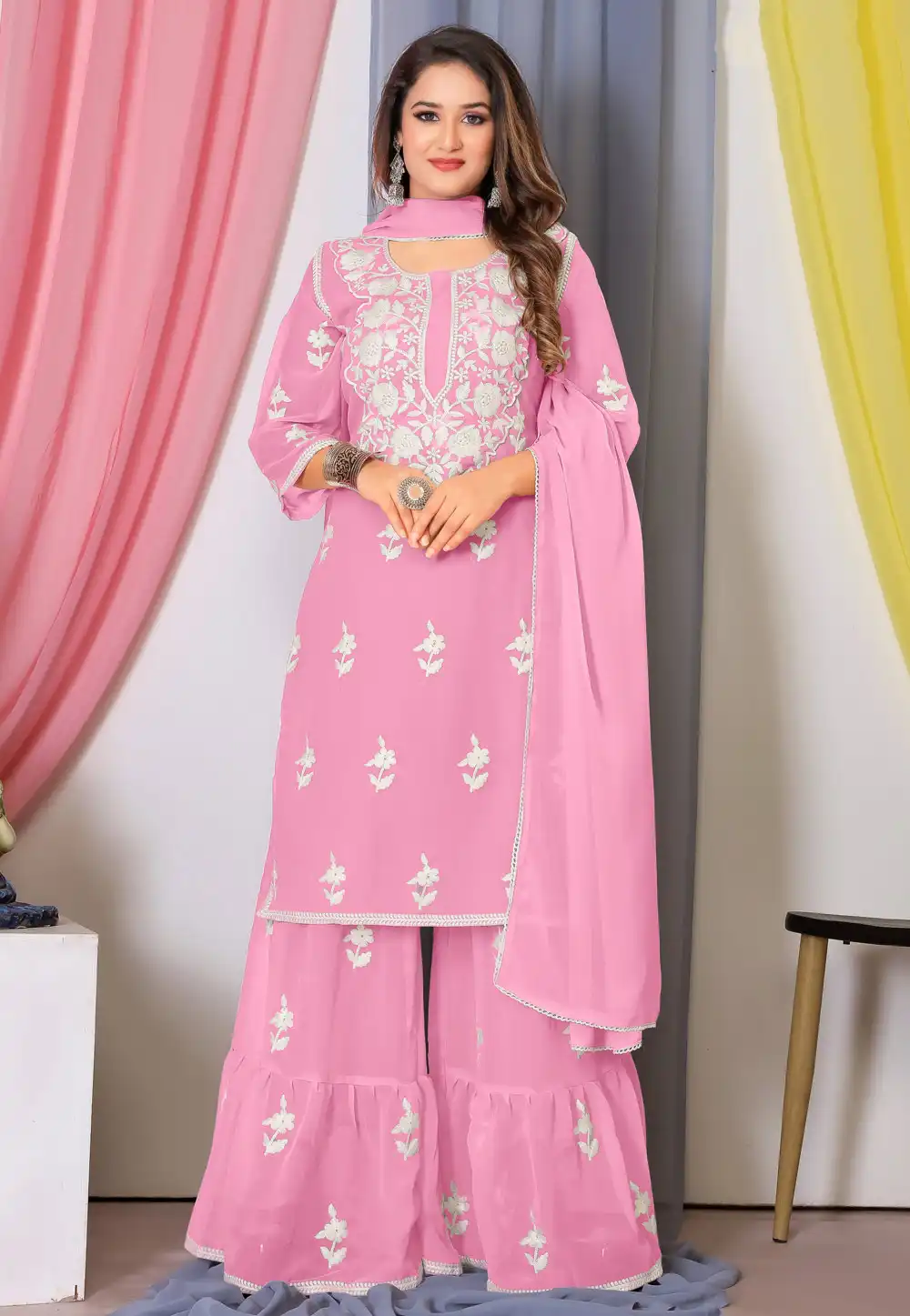Pink Bemberg Georgette Sharara Suit 287570