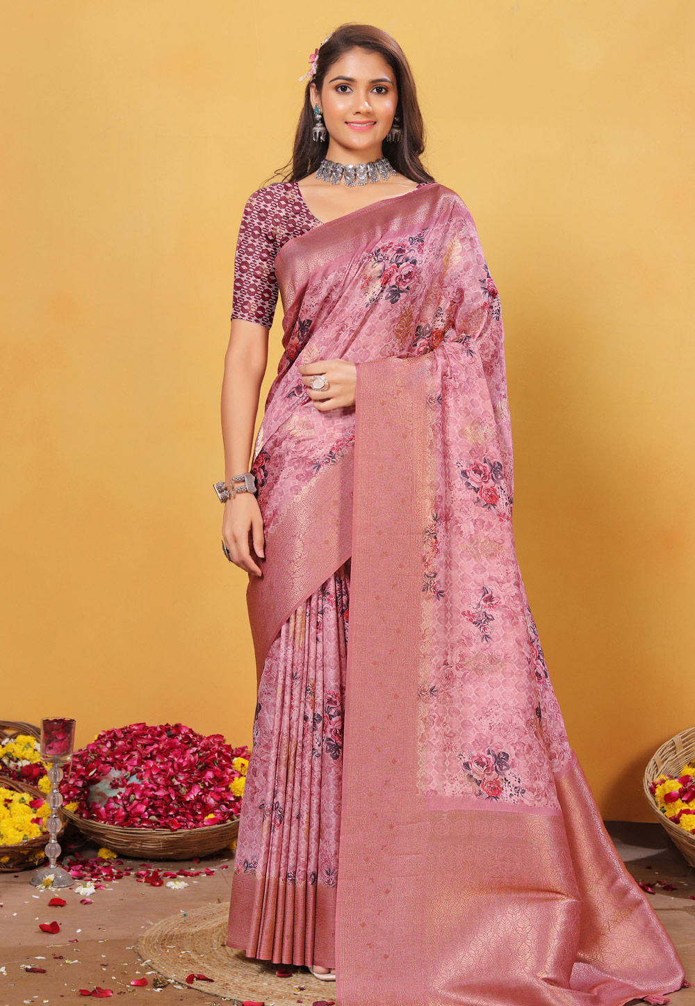 Pink Bemberg Saree With Blouse 308875