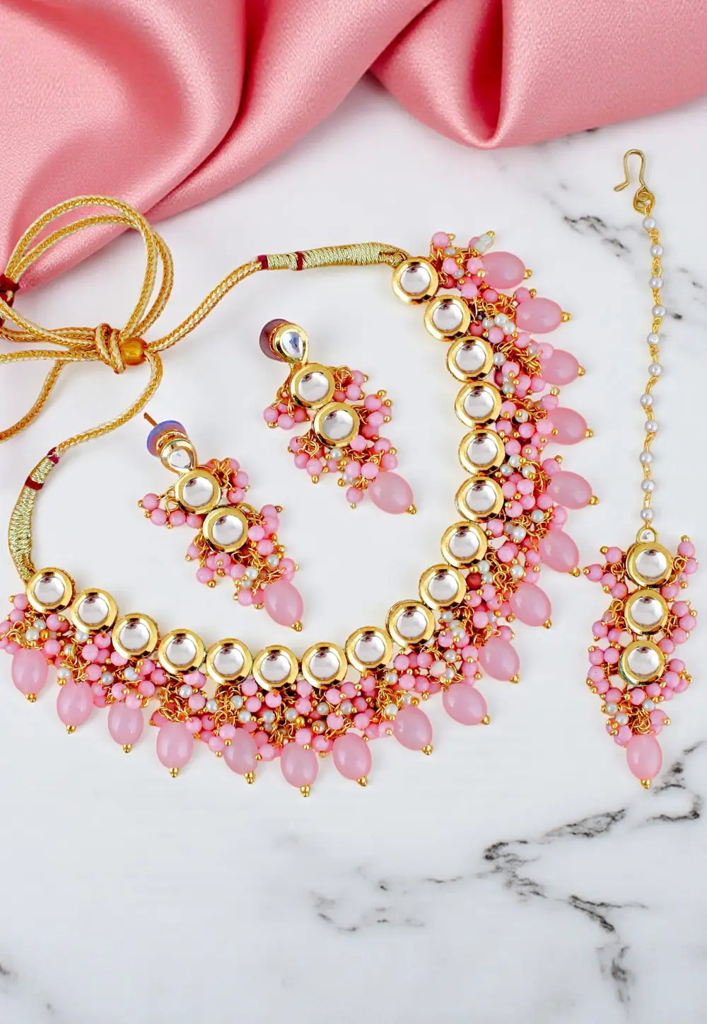 Pink Brasso Necklace Set With Earrings and Maang Tikka 330963