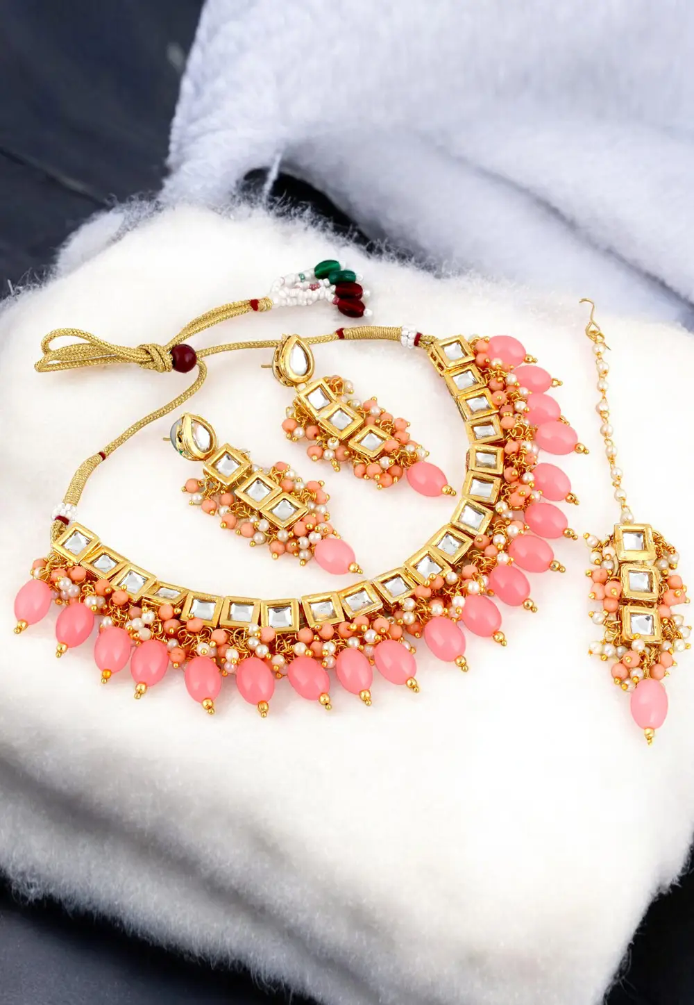 Pink Brasso Necklace Set With Earrings and Maang Tikka 334281