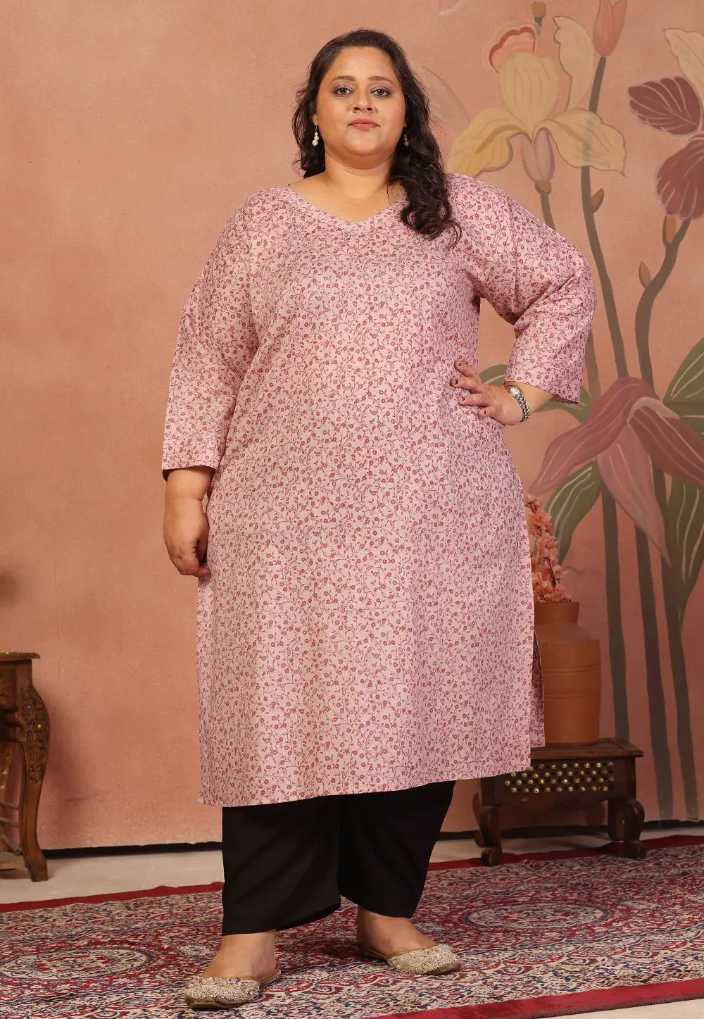 Pink Cambric Cotton Printed Long Kurti 336955