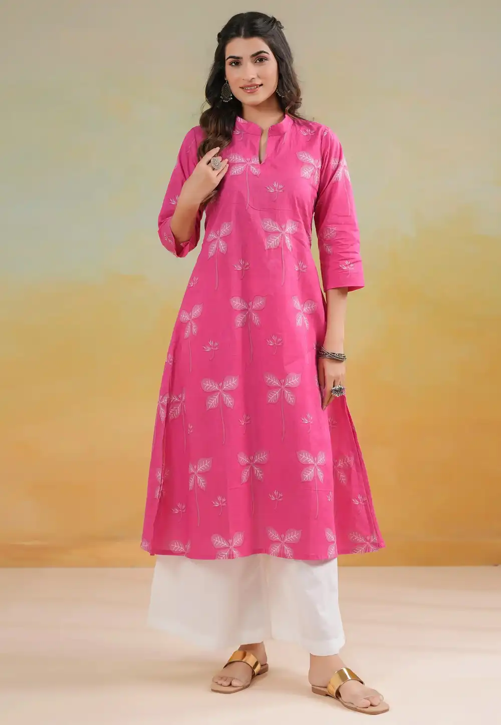 Pink Cambric Cotton Printed Long Kurti 328097