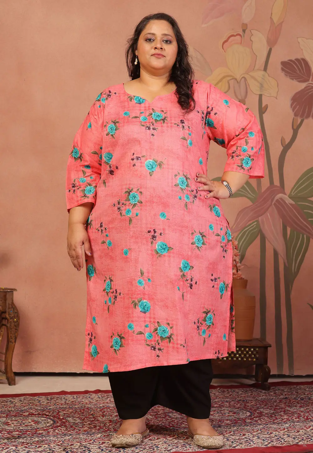 Pink Cambric Cotton Printed Long Tunic 336948