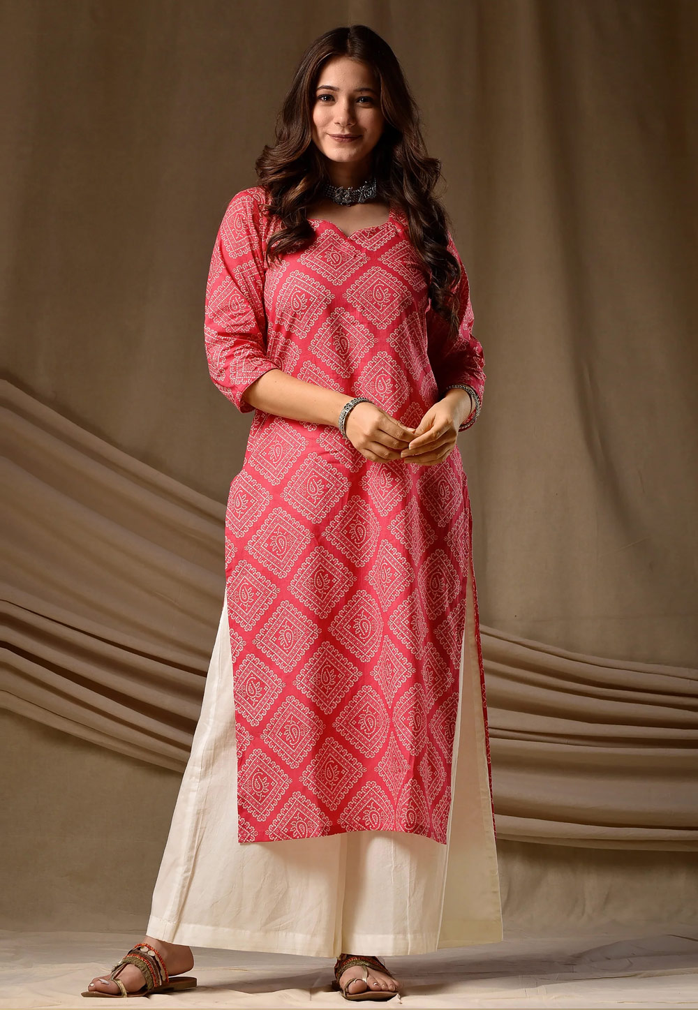 Pink Cambric Cotton Printed Long Tunic 328092
