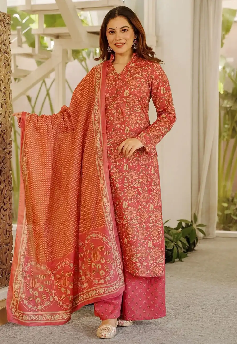 Pink Cambric Cotton Readymade Palazzo Suit 328500