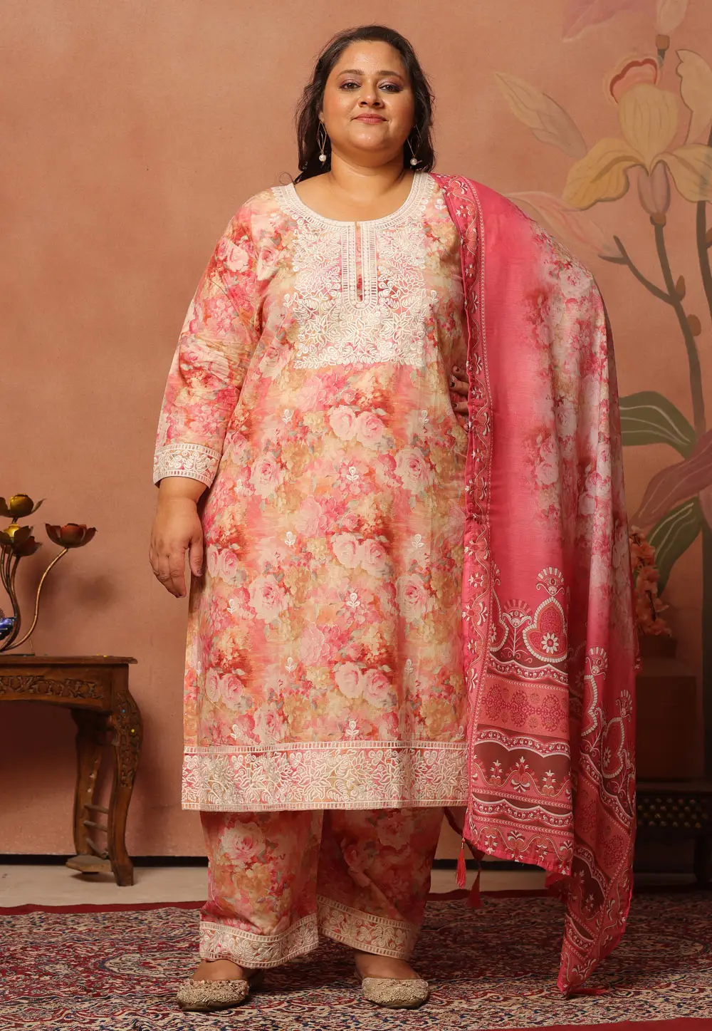 Pink Cambric Cotton Readymade Palazzo Suit 336973