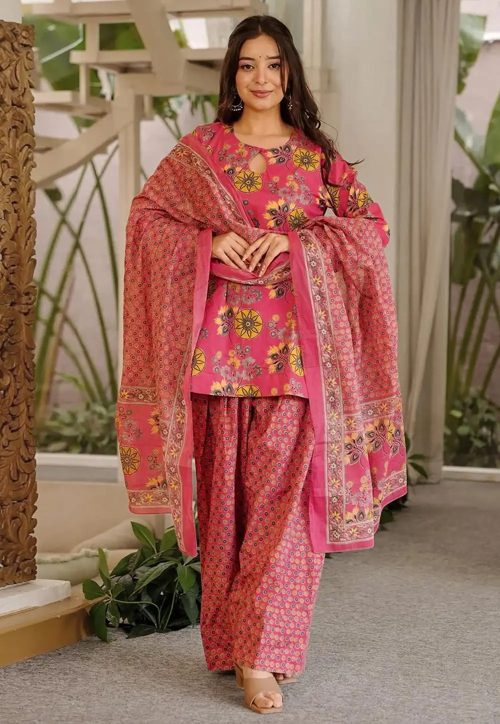 Pink Cambric Cotton Readymade Patiala Suit 331283