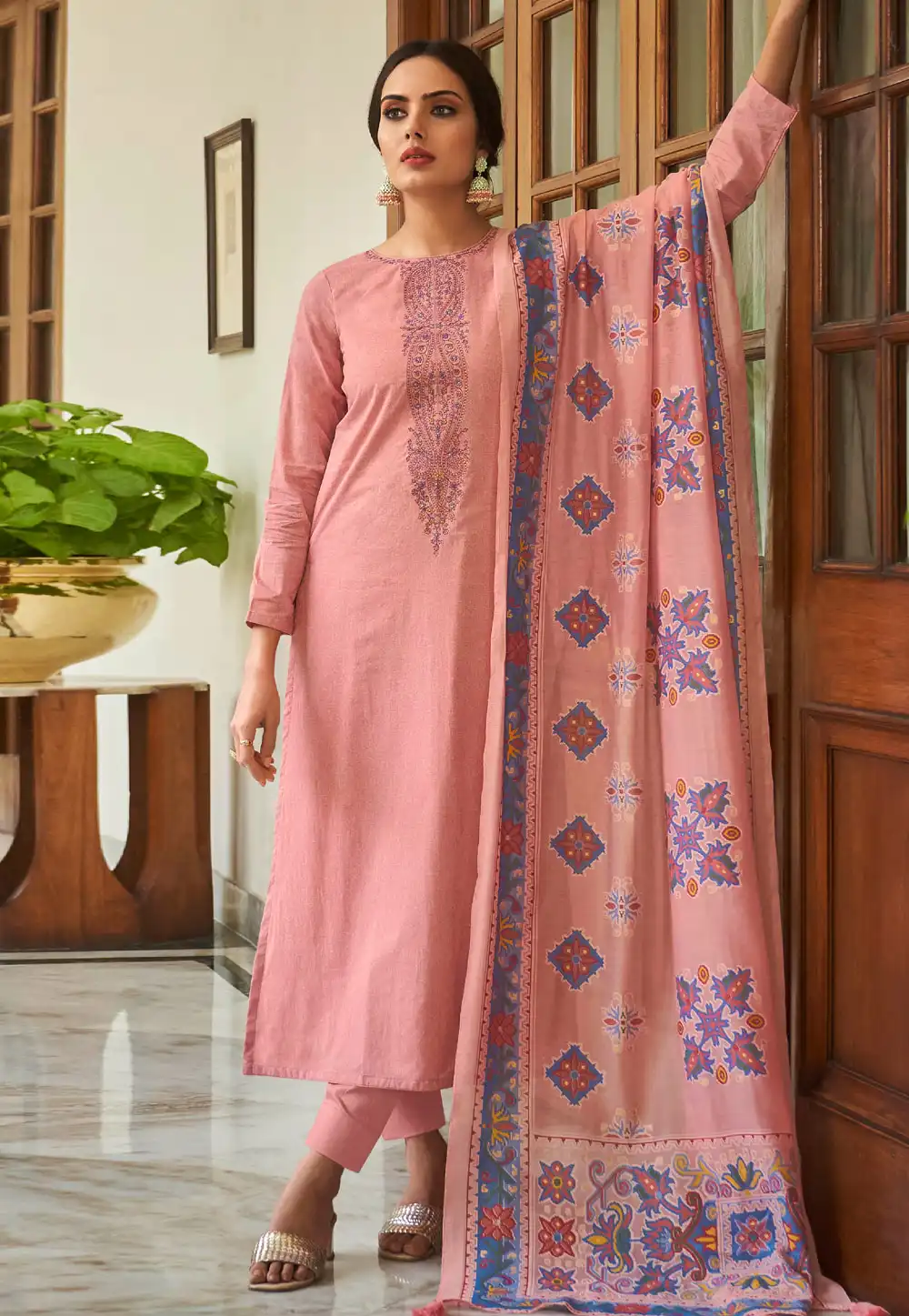 Pink Cambric Cotton Straight Suit 328876