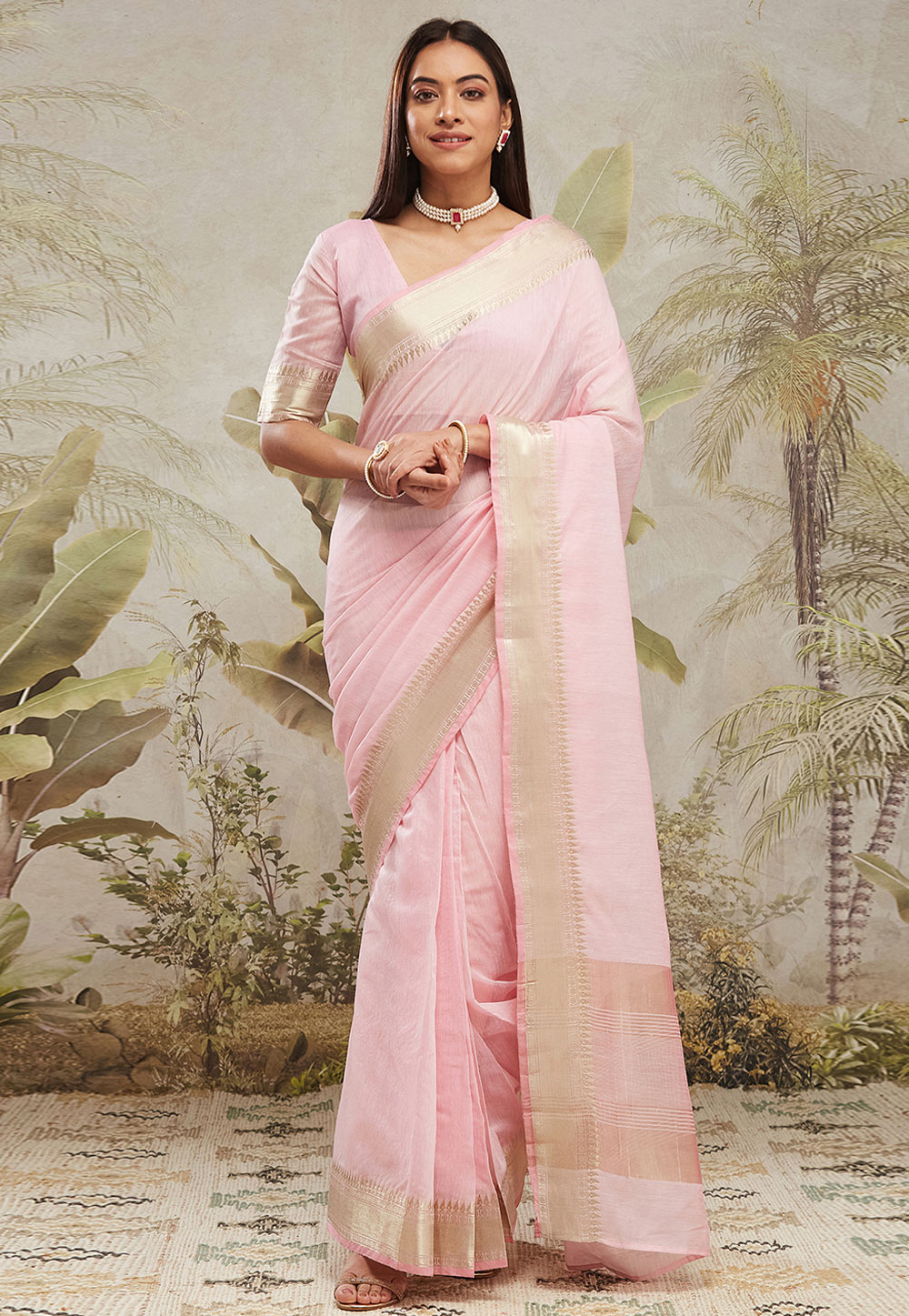 Pink Chanderi Cotton Lehenga Saree 312269