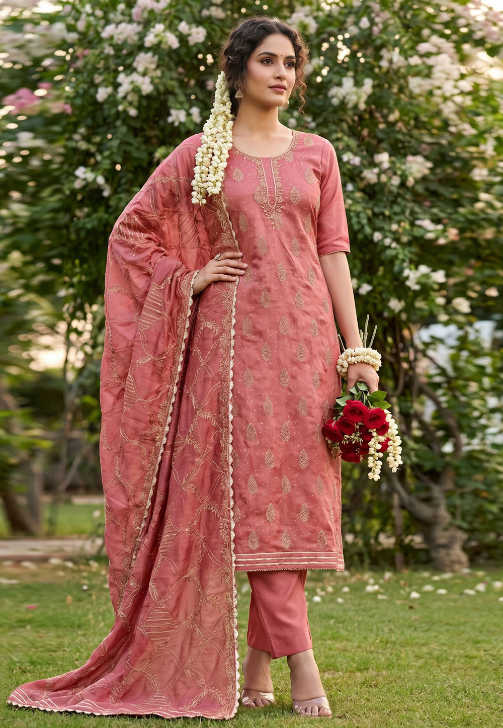 Pink Chanderi Cotton Pant Style Suit 327462