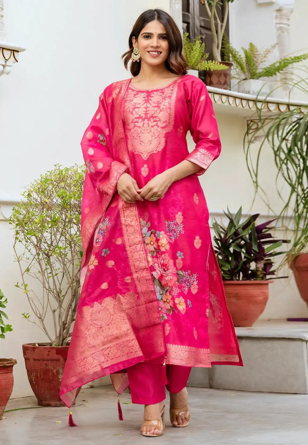 Pink Chanderi Cotton Readymade Pakistani Suit 317382
