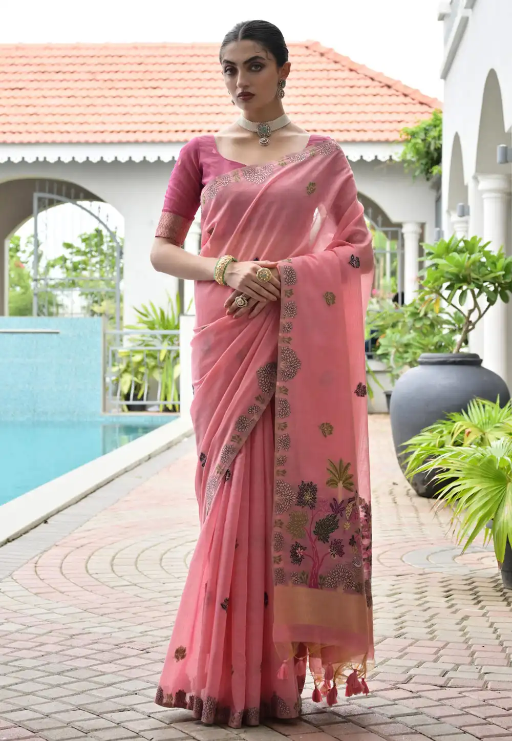 Pink Chanderi Cotton Saree With Blouse 320651