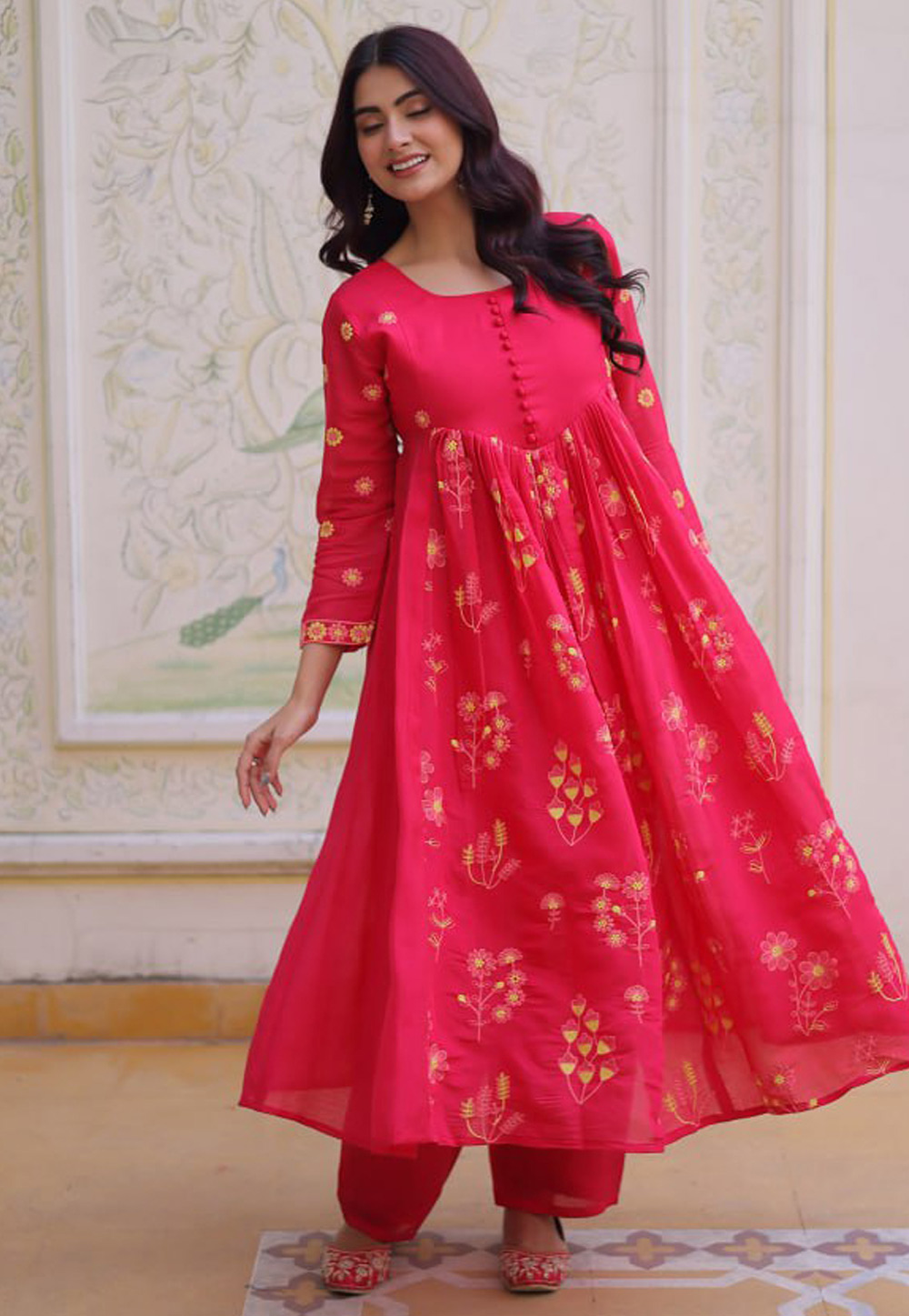 Pink Chanderi Kurta Set With Pant 325974