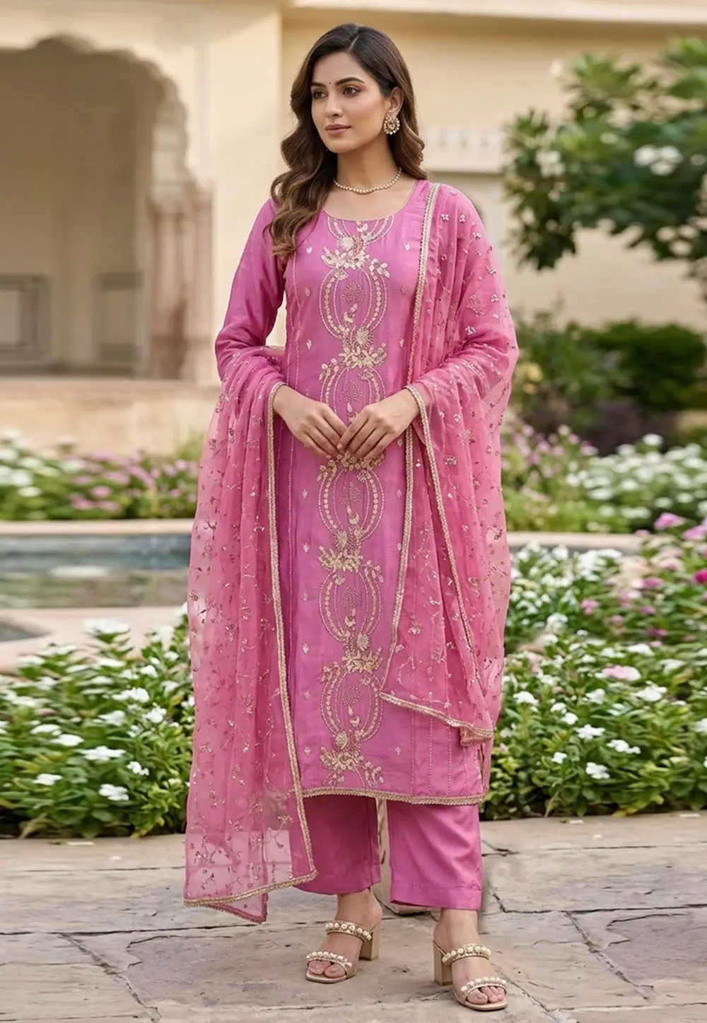 Pink Chanderi Pant Style Suit 335353