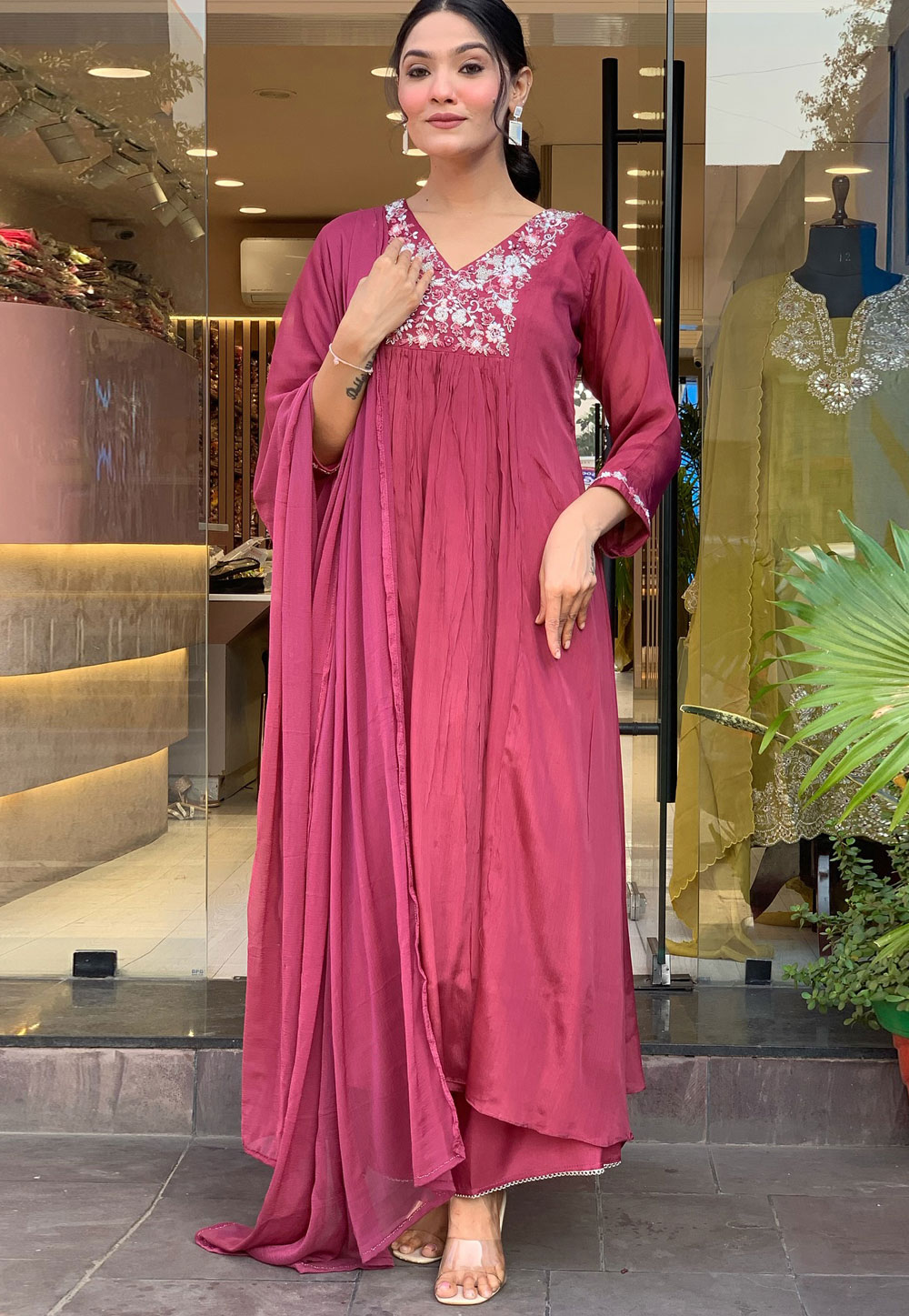 Pink Chanderi Readymade Pakistani Suit 307903