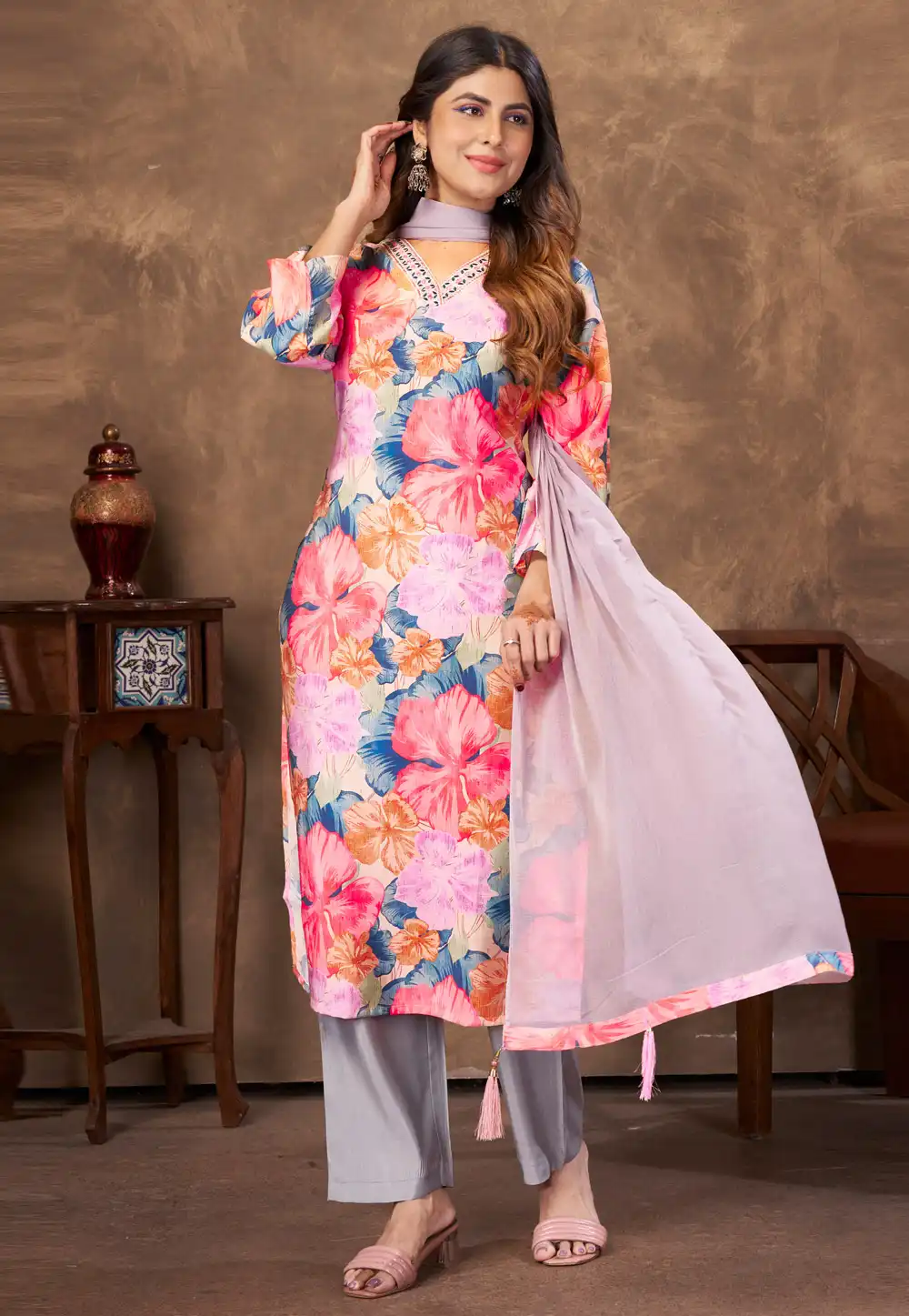Pink Chanderi Readymade Pakistani Suit 328120