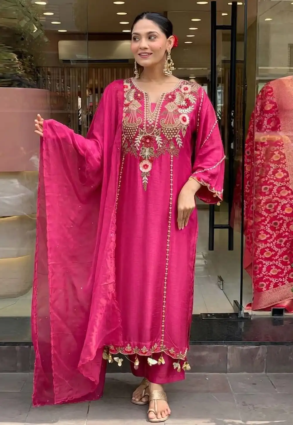 Pink Chanderi Readymade Pakistani Suit 327165